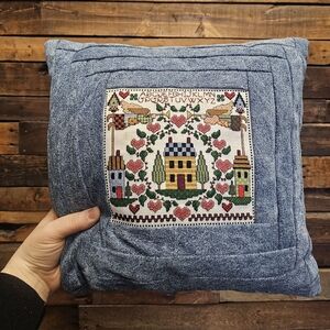 Handmade Blue Denim Cross Stitch Sampler Pillow Grandmacore Cottagecore